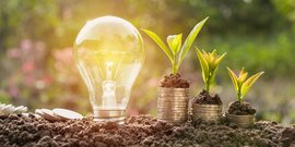 Symbolbilder für nachhaltige Ideen – mit Lampe und Geldstapeln